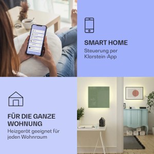 Klarstein Mojave 2-in-1 Heizgerät in Blattgrün an Wand, mit RGB-Licht. Smart Home Steuerung per App, für jeden Wohnraum.