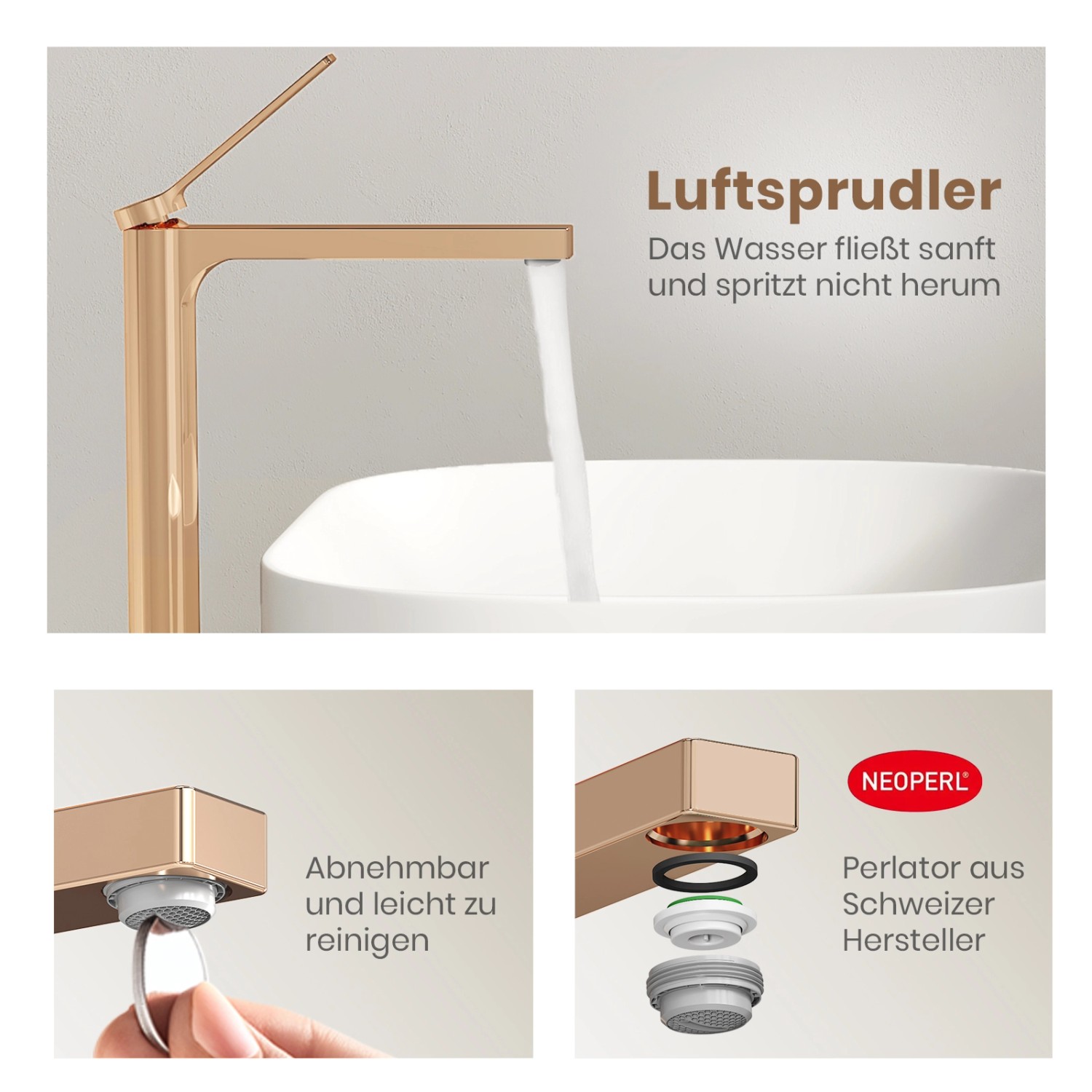 Emke Waschtischarmatur Roségold mit Luftsprudler für sanften Wasserfluss.