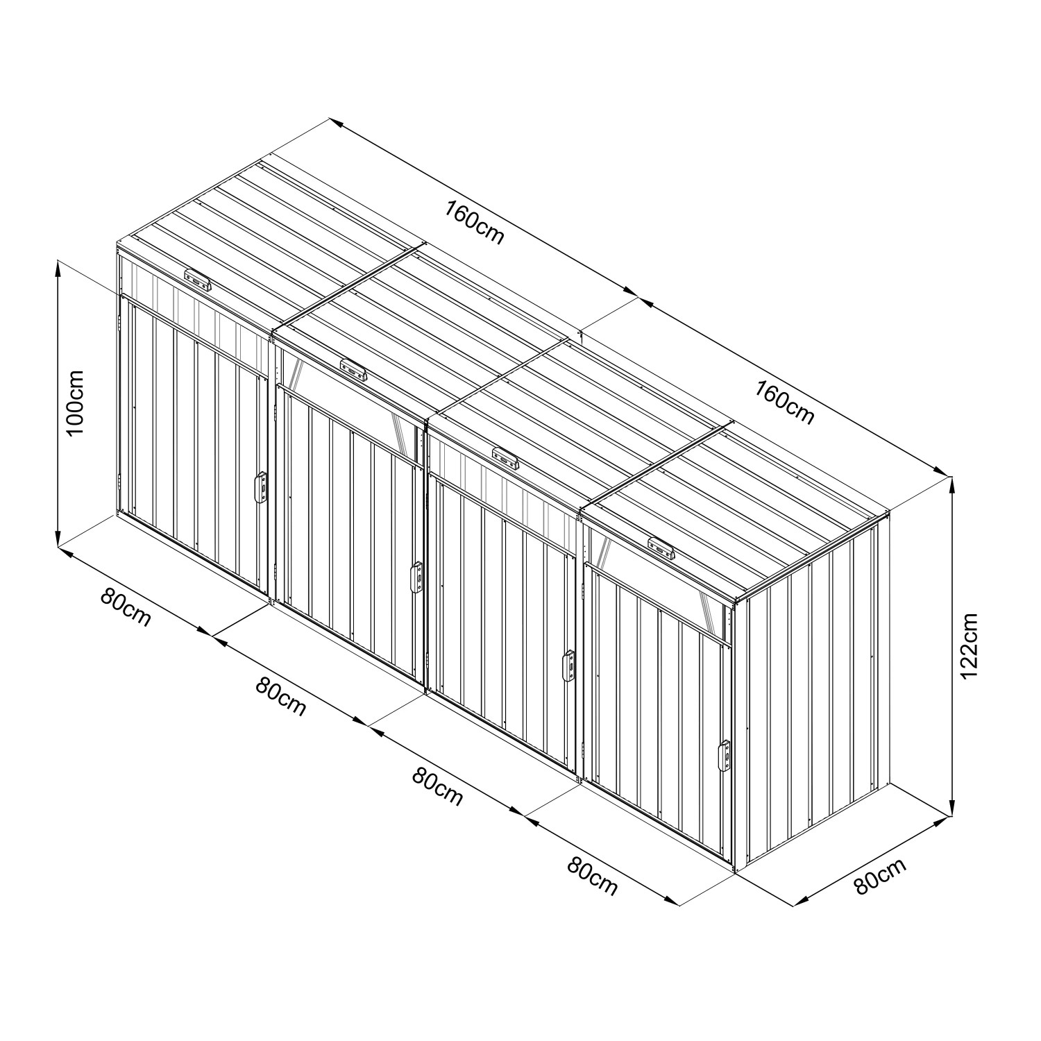 Axi Mülltonnenbox Owen für 4 Tonnen à 240L, Metall, Anthrazit, mit Maßangaben.