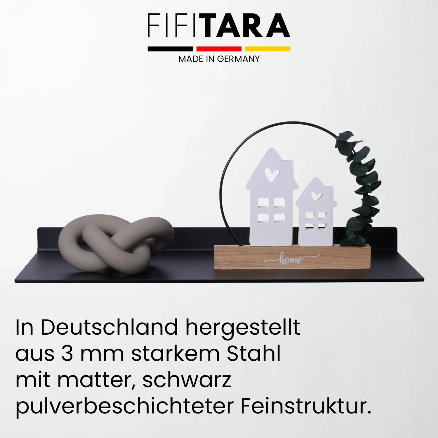 Schwarzes FIFITARA Wandregal 2er Set aus Stahl, mit Deko-Elementen. Schweberegal für Bücher und mehr.
