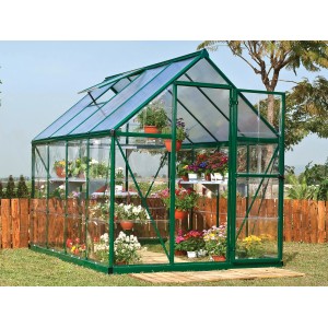 Grünes Palram Canopia Hybrid Gewächshaus 2.5 x 1.9 mit klaren Seitenwänden und Pflanzen.