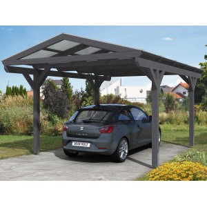 Skan Holz Carport Westerwald, schiefergrau, mit Auto. Einzelcarport aus Holz mit Doppelstegplatten.