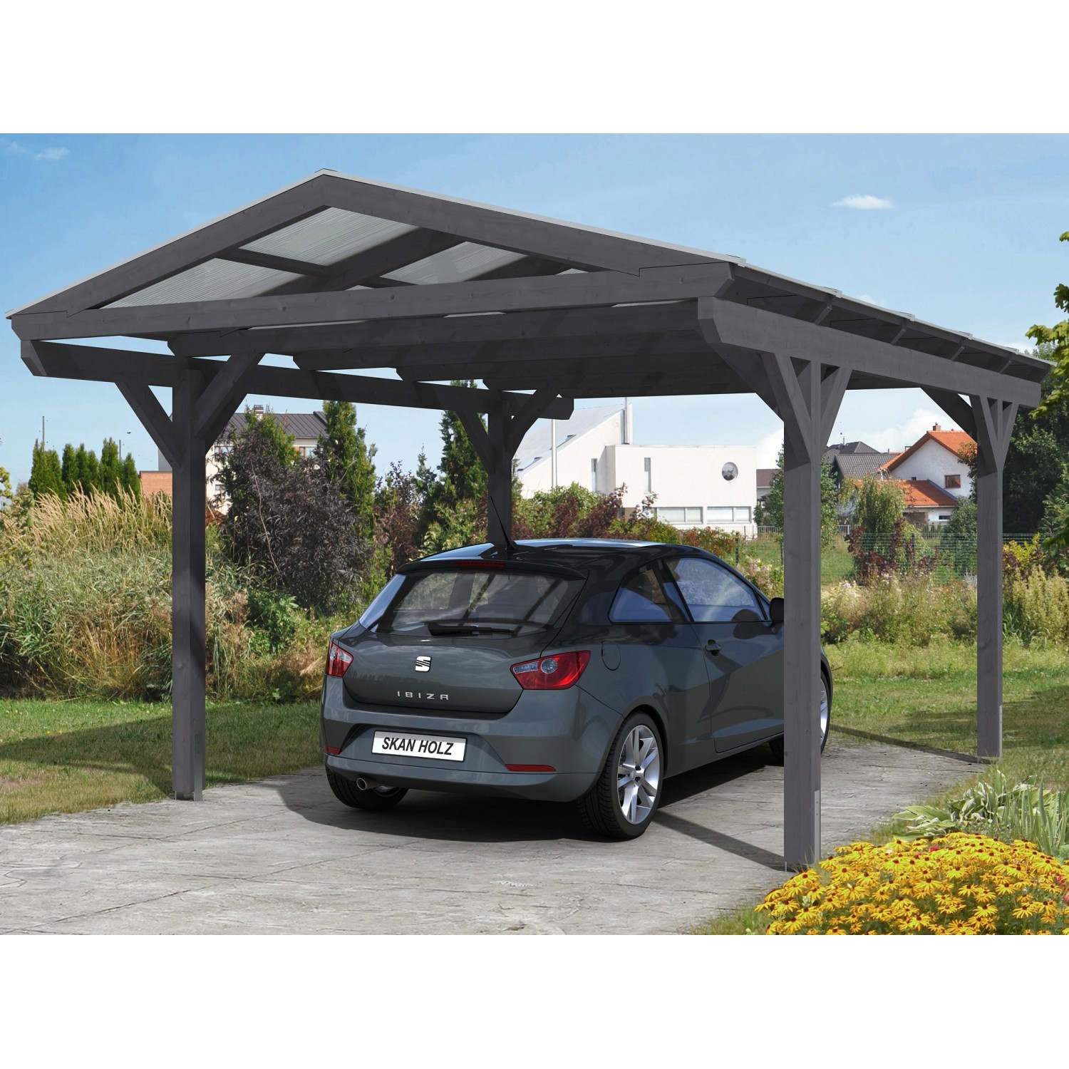 Skan Holz Carport Westerwald 362 cm x 541 cm gerade Kopfbänder Schiefergrau