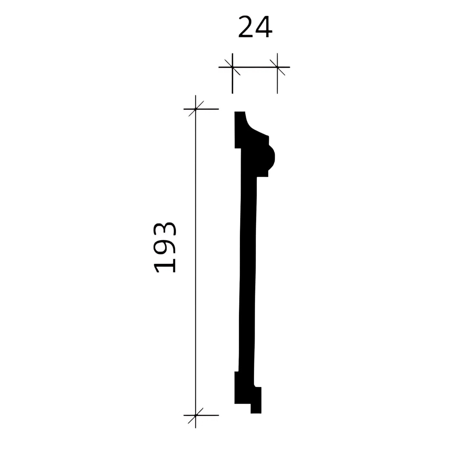 Abbildung einer PROFHOME flexiblen Wand- und Friesleiste (2,4x19,3cm) mit Maßangaben.