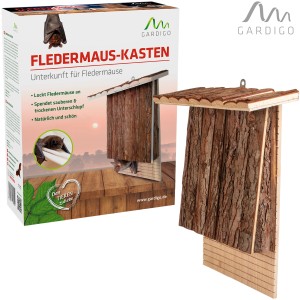 Gardigo Fledermauskasten aus Holz, Detailaufnahme des Produkts und der Verpackung.