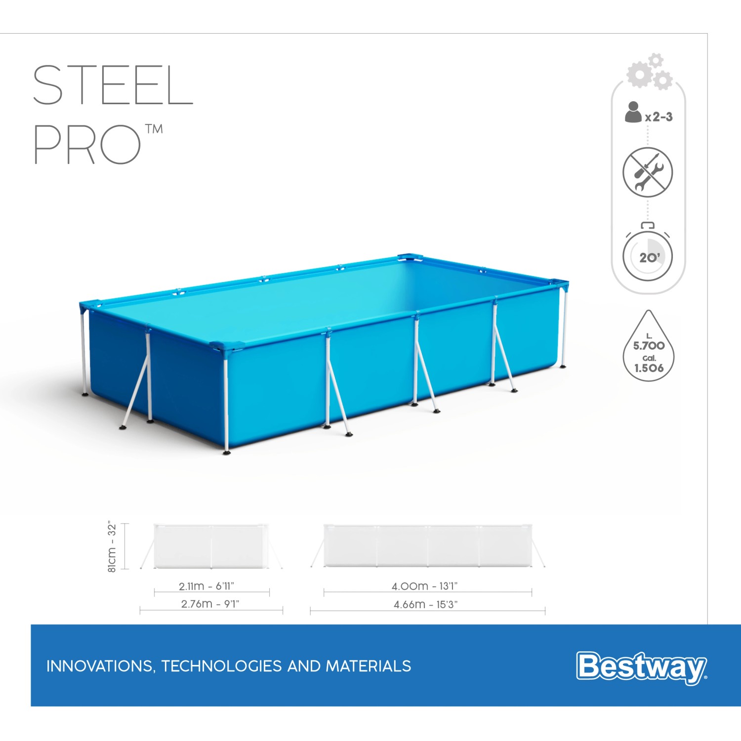 Blauer Bestway Frame Pool Steel Pro, 400x211x81 cm, eckig. Stahlrahmenpool ohne Pumpe.
