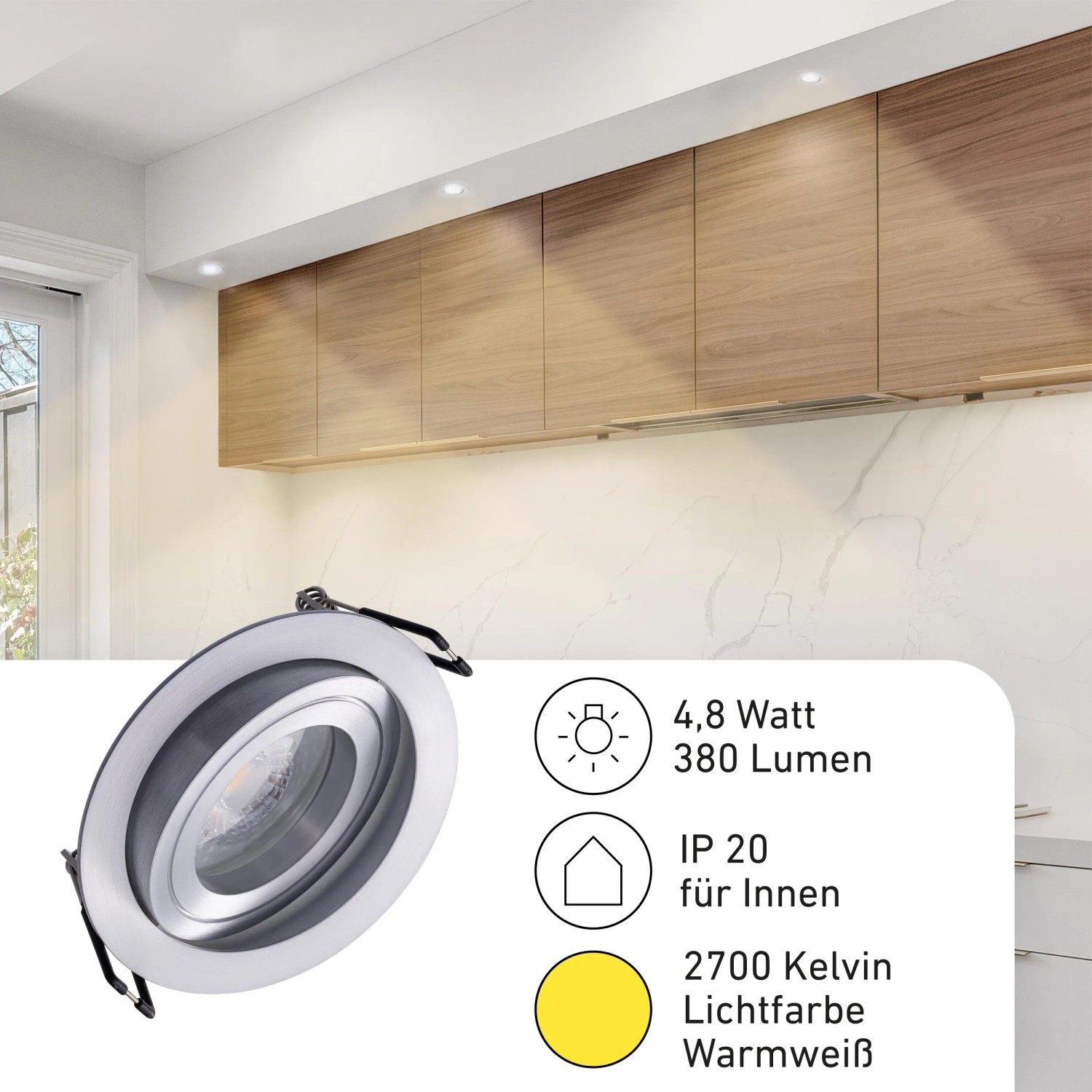 Silberner, runder Oktaplex LED Einbaustrahler schwenkbar, 2700K warmweiß, 4,8W, 380lm. Ideal für Deckenbeleuchtung in der Küche.