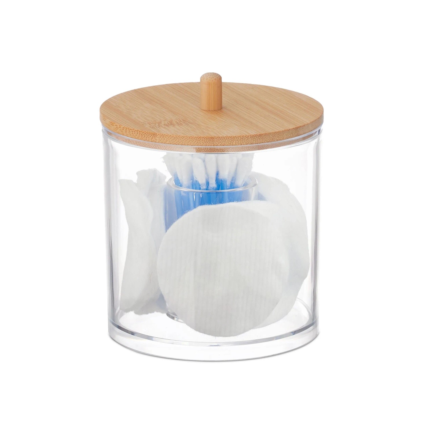 Relaxdays Wattepads und Wattestäbchen Behälter Kunststoff Bambus Transparent Natur Mit Deckel 11 cm x 10 cm 160 g