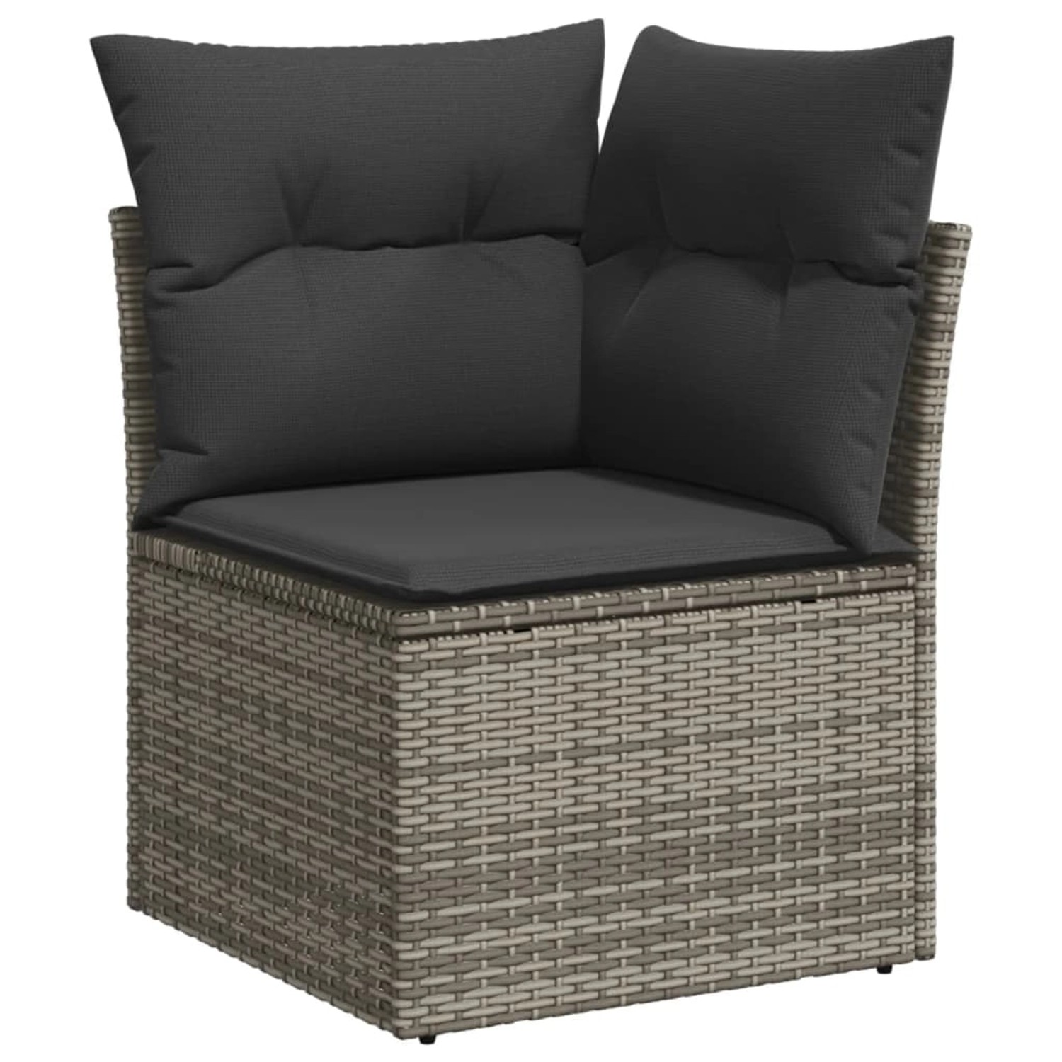 Graues Ecksofa aus Polyrattan mit dunklen Kissen, Teil der vidaXL Gartenmöbel-Garnitur.