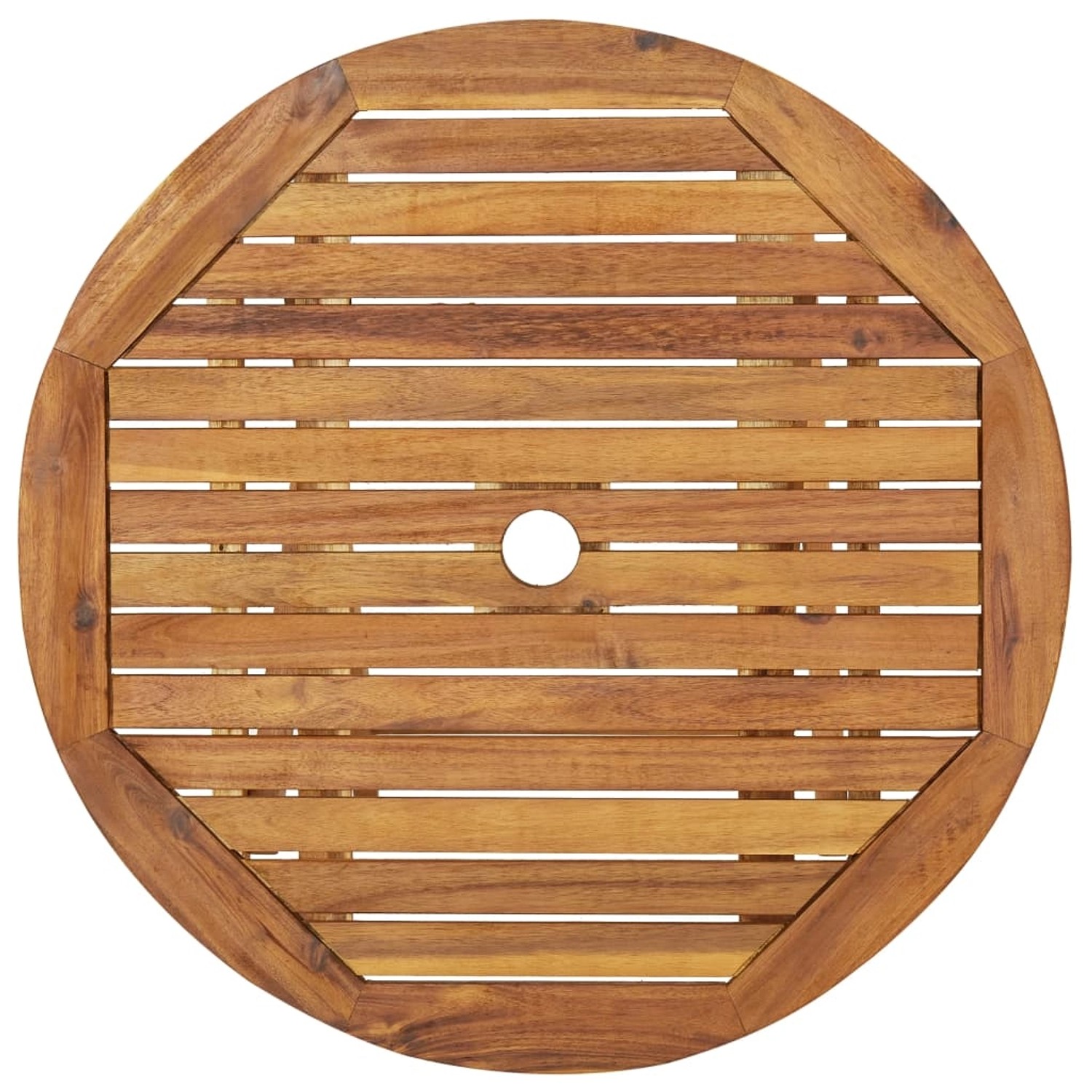 Tischplatte der vidaXL Garten-Essgruppe aus Akazienholz mit Schirmloch.