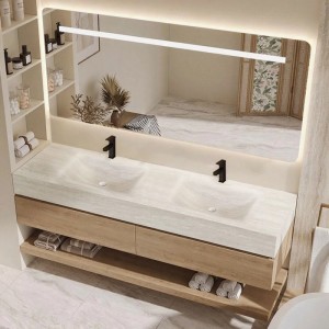 Modernes wandhängendes Doppelwaschbecken Set in Travertin Optik mit LED-Spiegel, Holz-Unterschrank und Ablage.