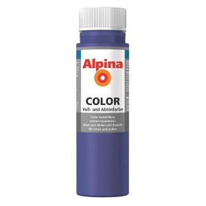 Alpina Color Pretty Violet, seidenmatte Abtönfarbe in violetter Flasche.