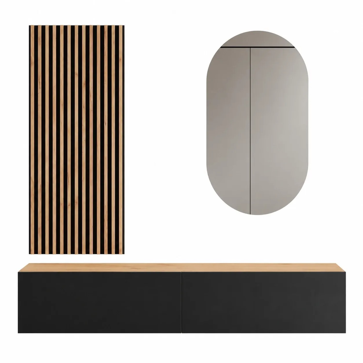 Planetmöbel Flurgarderobe Set 160 cm Gold Eiche Anthrazit mit Wandpaneel und Spiegel ohne LED Beleuchtung