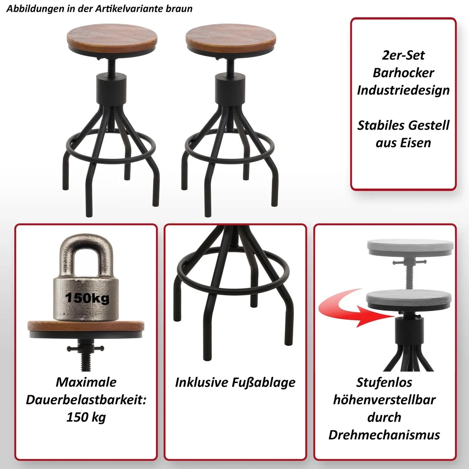2er Set Barhocker N17 im Industrie Design mit Holz Sitzfläche und schwarzem Metallgestell.