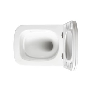 Weißes, eckiges Wand-WC mit Spülrandlos-Design und SoftClose WC-Sitz. Moderne, kompakte Toilette.
