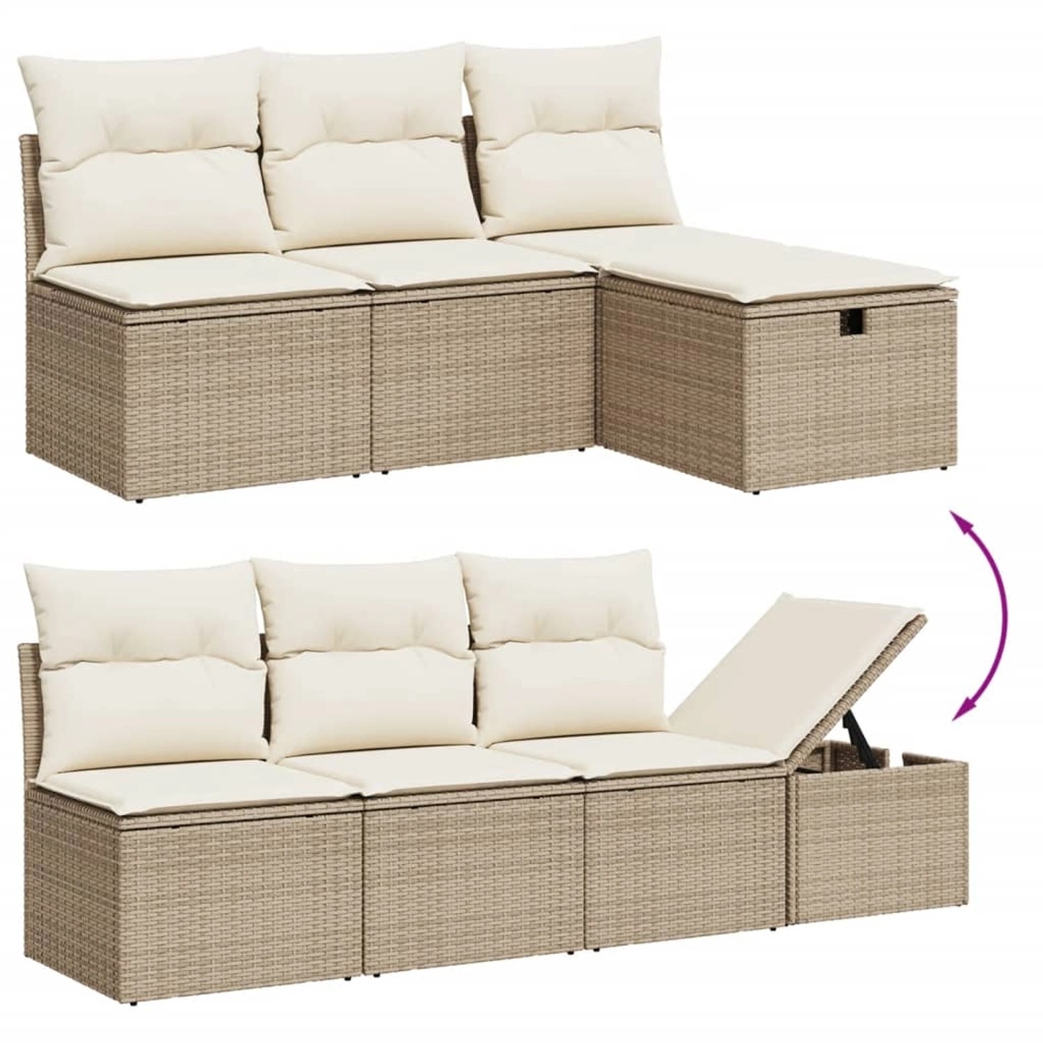 Beige 8-tlg. Garten-Sofagarnitur aus Polyrattan mit Kissen und Stauraum.