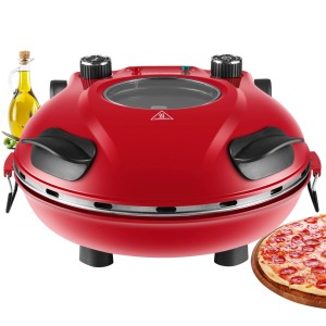Roter Steinborg Pizzaofen SB-3140 mit Pizzastein, Timer und Sichtfenster. Elektrischer Ofen mit 1200 Watt.