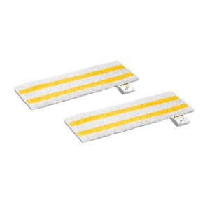 2er-Set Kärcher Universal Feinstfaser-Bodentücher für EasyFix Bodendüse, weiß mit gelben Streifen.