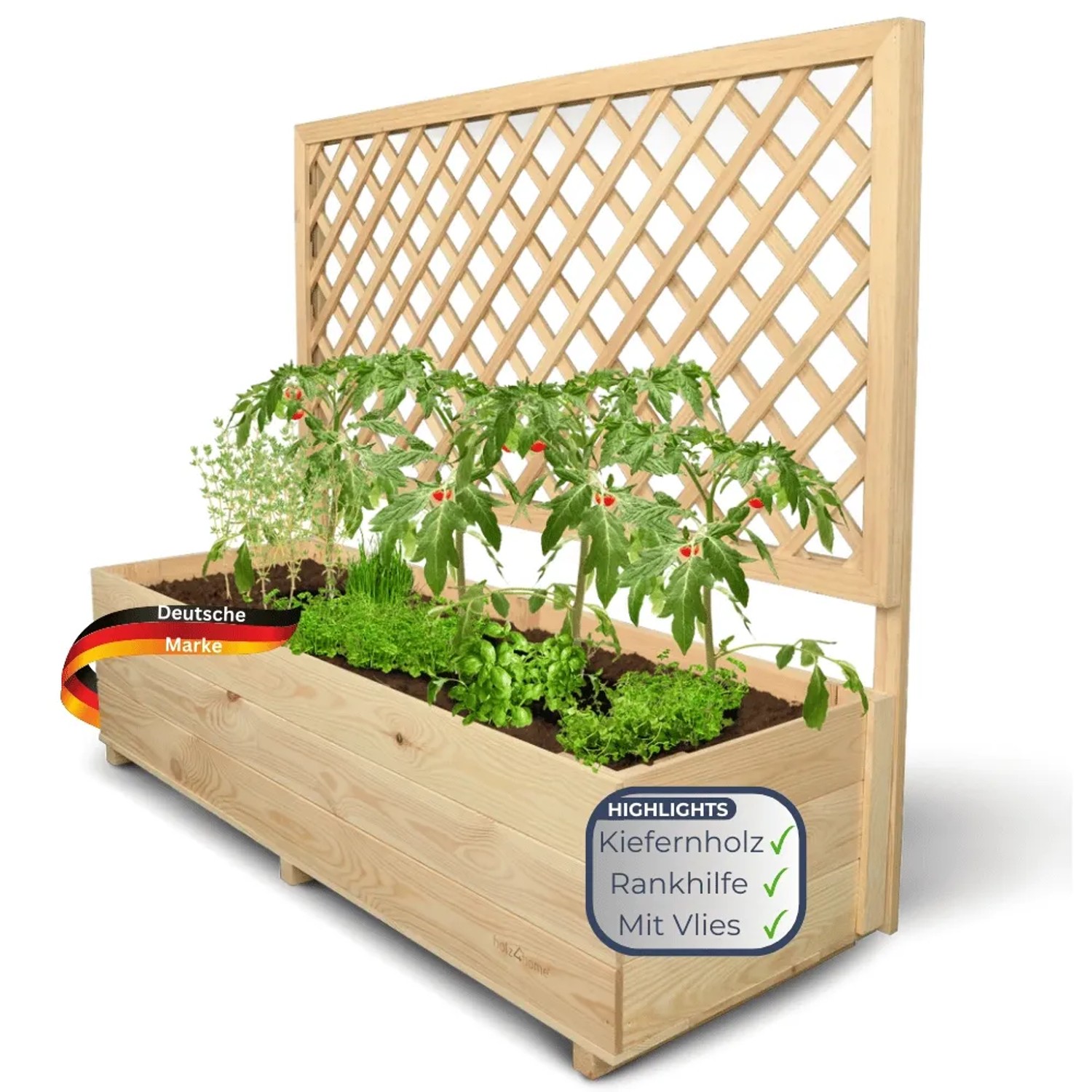 DELUKE Pflanzkasten mit Rankgitter aus Kiefernholz, bepflanzt mit Kräutern und Tomaten.