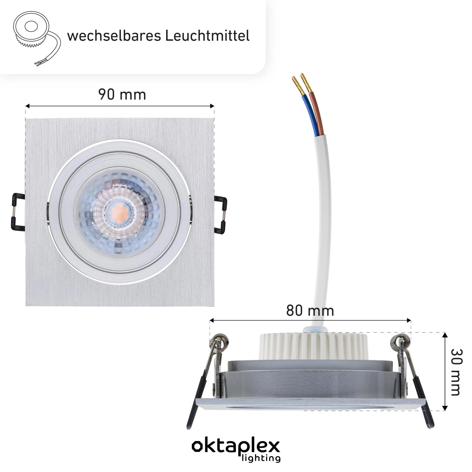 Oktaplex Einbaustrahler Lyon, 6er Set, Aluminium, schwenkbar, dimmbar, warmweiß, Maße: 90x90x30mm.