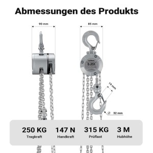 Alu Kettenzug von Wiltec, 250kg Traglast, 3m Hubhöhe, mit Maßen dargestellt.