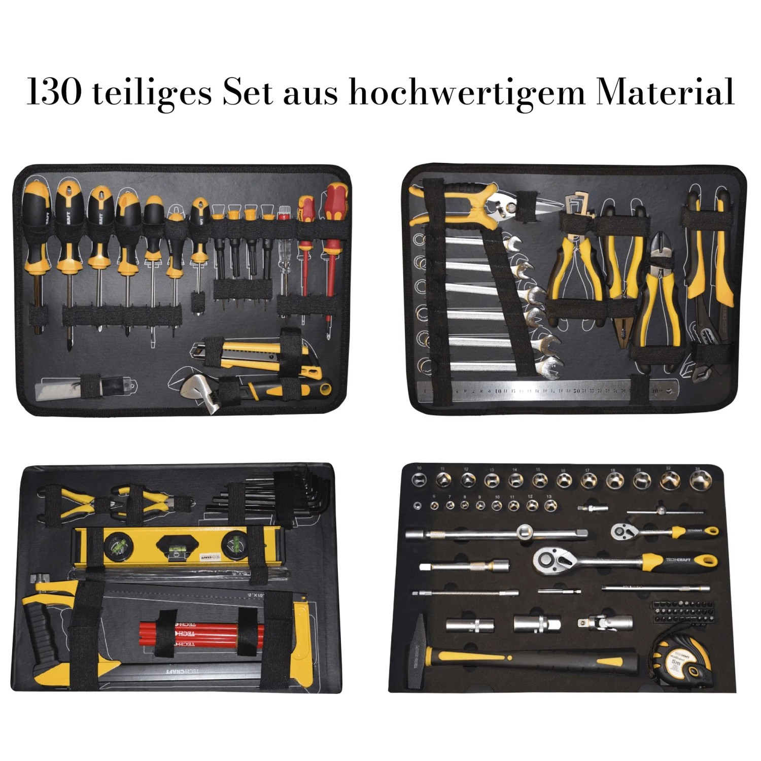 TECH-CRAFT Werkzeugkoffer, 130-teilig, mit Schraubendrehern, Zangen, Hammer und weiterem Werkzeug.