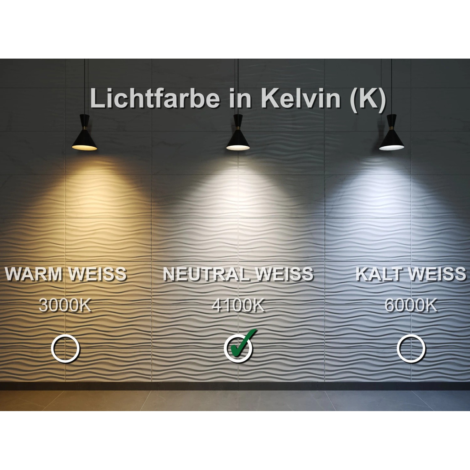 Lichtfarben-Vergleich: Warmweiß, Neutralweiß, Kaltweiß mit Kelvin-Angaben für Spiegelschränke.