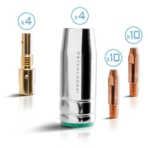 STAHLWERK MIG MAG Verschleißteile Set: 4 Gasdüsen, 4 Düsenstöcke, 20 Stromdüsen (0.8, 1.0 mm) für Schweißbrenner 25AK/MB25.