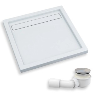 KOLMAN Duschwanne quadratisch weiß 90x90 cm aus Sanitäracryl mit linearer Ablaufabdeckung und Ablaufgarnitur.