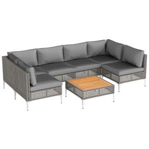 Graue Rattan-Lounge Möbel mit bequemen Kissen und Akazienholz-Tisch. Modernes Outdoor Sofa Set für Garten & Balkon.