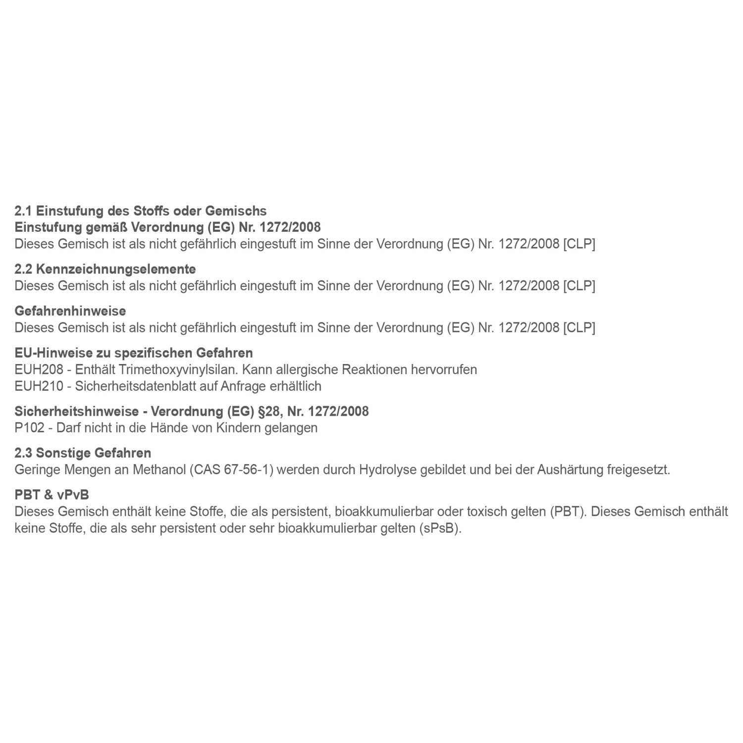 Sicherheitsdatenblatt-Ausschnitt: Einstufung, Hinweise, Gefahren, Verordnung (EG) Nr. 1272/2008.
