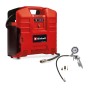 Roter Einhell Power X-Change Akku-Koffer-Kompressor mit Reifenfüller, Druckluftschlauch und Adaptern. Bis 8 bar.