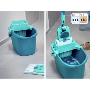 Leifheit Eimer Power Clean M mit Auspress-Aufsatz und Bodenwischer im Einsatz.