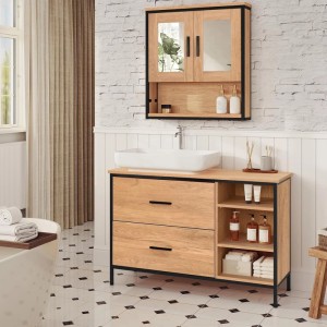 EUGAD Waschbeckenunterschrank, helle Eiche/Schwarz, 2 Schubladen, 3 offene Fächer. Industrieller Badschrank.