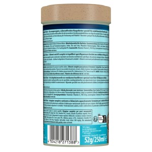 Rückseite der Tetra Malawi Flakes 250 ml Dose. Zeigt mehrsprachige Produktinfos, Inhaltsstoffe und Barcode für Cichlidenfutter.