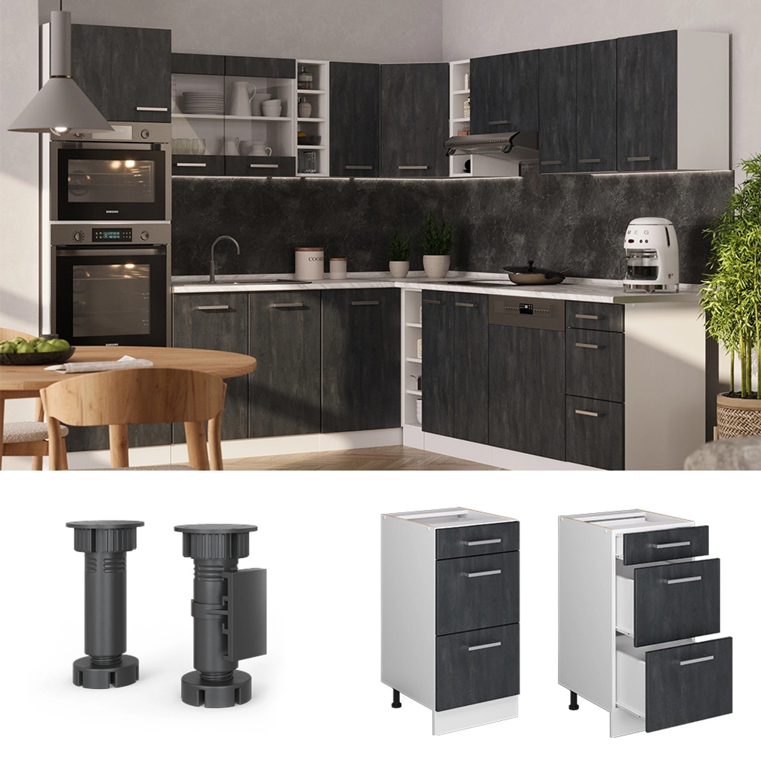 Vicco Küchenunterschrank R-Line Schubladenschrank für die Küche Schwarz Beton 40 cm AP Eiche mit Weiß Korpus_2