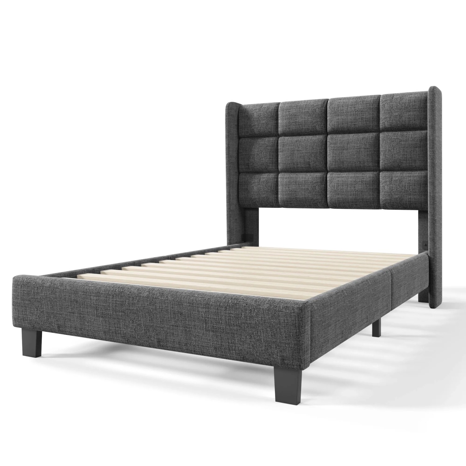 KOMHTOM Gepolstertes Einzelbett 90x200Cm  Mit Gepolstertem Kopfteil Und Lattenrost Leinenbezug Grau Mittelfest ohne Matratze