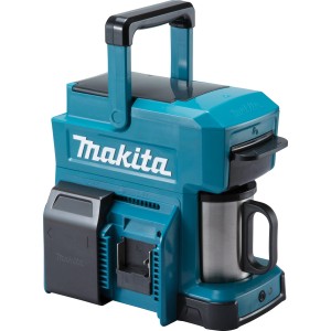 Makita Akku-Kaffeemaschine 12 V/18 V Solo in Türkis mit Tasse und Tragegriff.