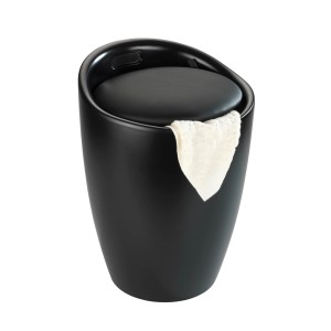 Wenko Hocker Candy Black Matt mit Wäschesack, runder Badhocker aus ABS-Kunststoff, schwarze Sitzfläche.