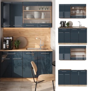 Vicco Singleküche in Dunkelblau Hochglanz/Goldkraft Eiche mit Marmor Arbeitsplatte, 140 cm breit.