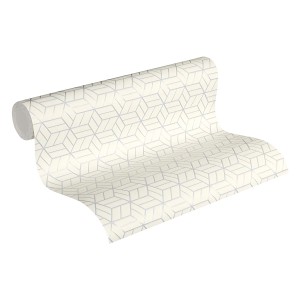 Rolle PROFHOME Vliestapete mit geometrischem Muster in Silber, Grau und Weiß.