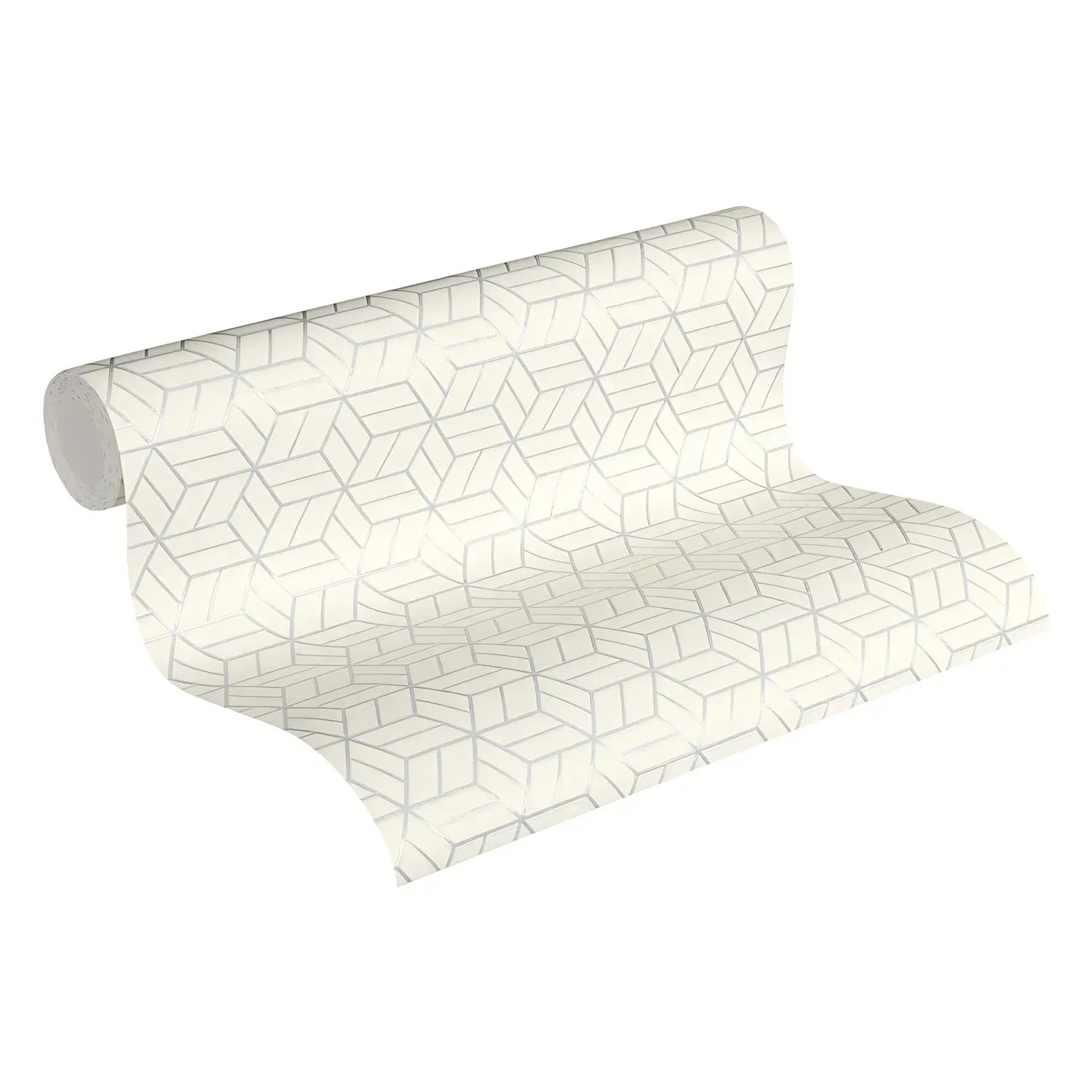 Rolle PROFHOME Vliestapete mit geometrischem Muster in Silber, Grau und Weiß.