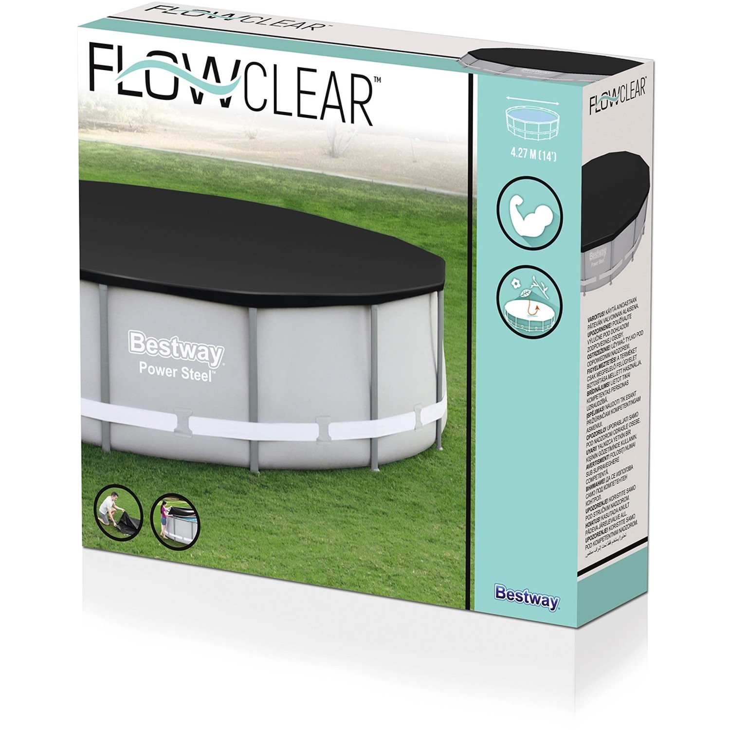 Verpackung der grauen Flowclear PVC-Abdeckplane 427x427 cm für Power Steel Pools.