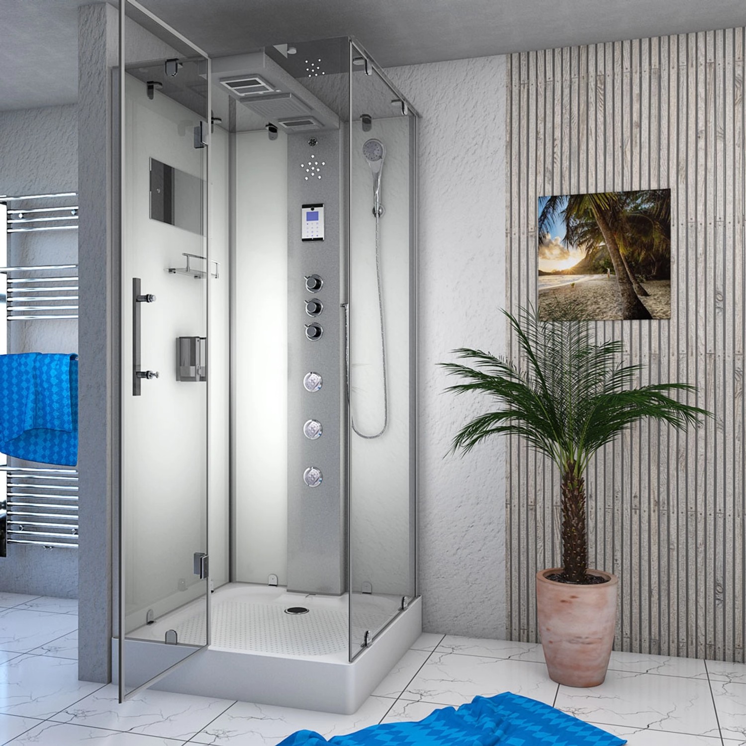 AquaVapore Komplettdusche 90x90 cm mit Regendusche, Handbrause und Massagedüsen.