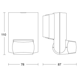 Skizze des Steinel Bewegungsmelders IS 130-2 in Anthrazit mit Maßen.