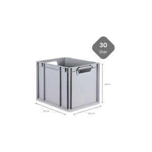 Graue PROREGAL Eurobox NextGen, 30 Liter, mit Griffen und Maßangaben. Ideal zur Aufbewahrung.