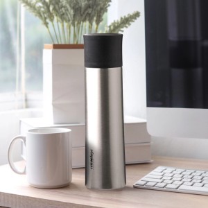 Relaxdays Trinkflasche Edelstahl Silber Schwarz Doppelwandig Auslaufsicher mit Becher 500 ml 26 cm x 7 cm 430 g