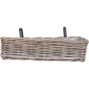 Natur-grauer Rattan Blumenkasten mit Halter, 58x20x15 cm, für Balkon und Innenbereich.
