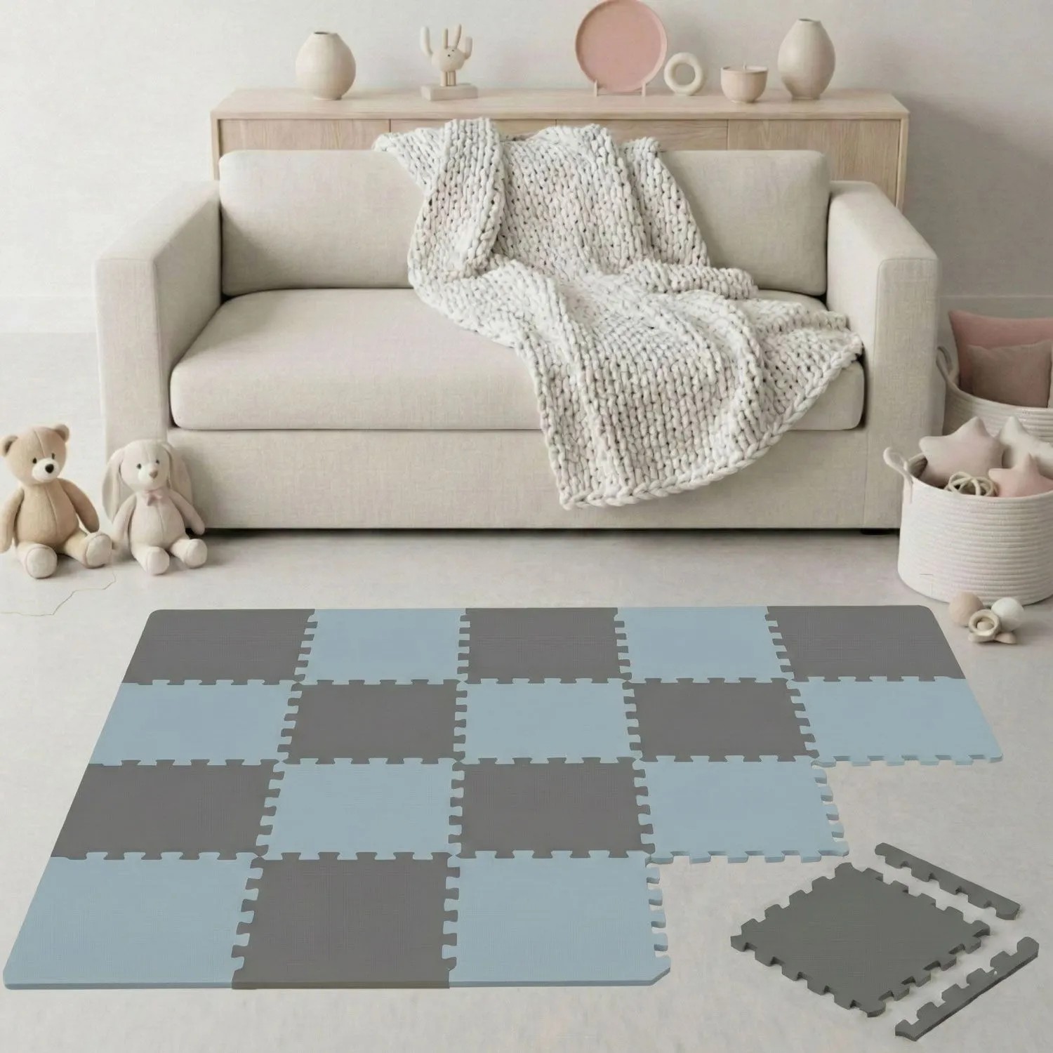LittleTom Spiel- & Krabbelmatte Puzzlematte 18-teilig 30 x 30 cm Grau Blau