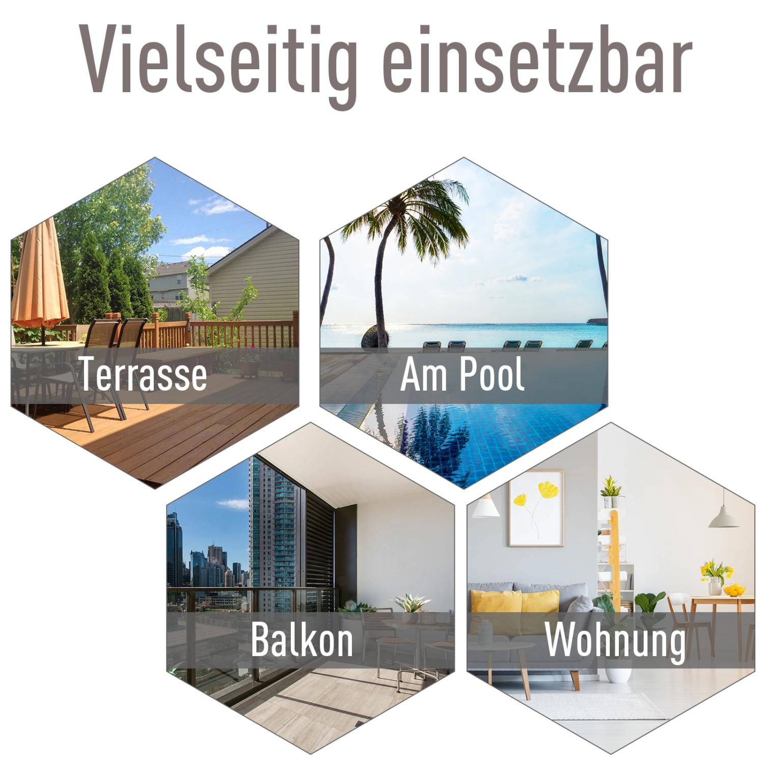 Anwendungsbereiche der Outsunny Campingstühle: Terrasse, Pool, Balkon, Wohnung.